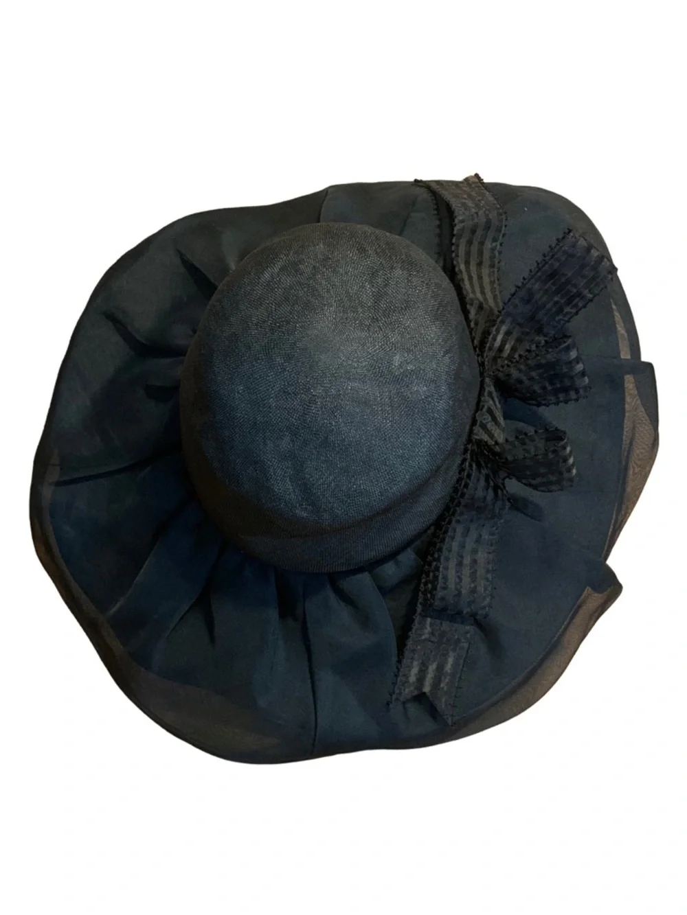VINTAGE ADOLFO II BLACK WIDE BRIM LINEN HAT WITH STRIPED BOW - Picture 4 of 12